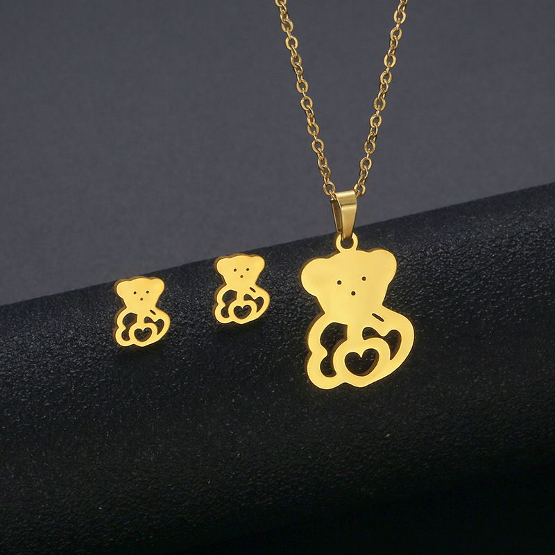 Cute Bear Necklace Earrings Set Clavicle Chain 18k Gold Stainless Steel Necklace Two-piece New Jewelry