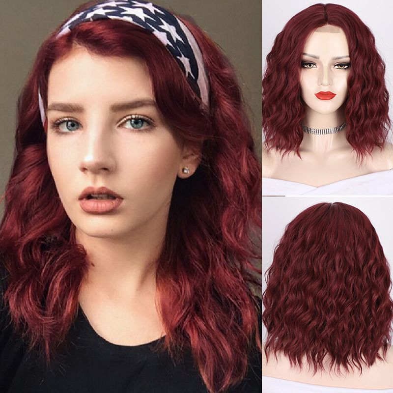 Wig European And American Ladies Wig Small Lace Front Lace Synthetic Wigs Wine Red Water Ripple Short Curly Wig