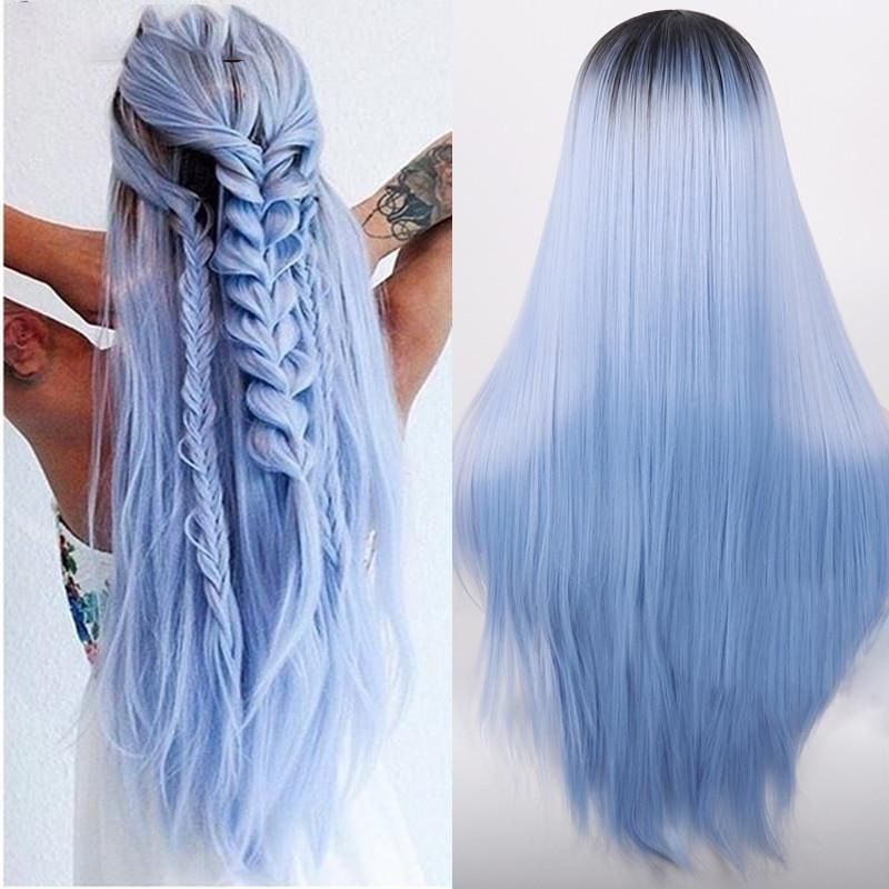 Foreign Trade In Stock Fashion Trend Wig Women's Long Straight Hair Blue Long Straight Wig Spot Cross-border One Piece Dropshipping