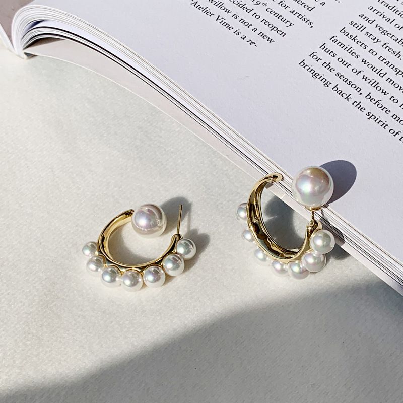 Korea Pearl Earrings Fashion Retro C-shaped Earrings Electroplated Real Gold