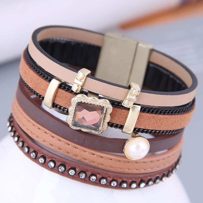 Fashion Concise Accessories Leather Multi-layer Wide Magnetic Buckle Bracelet