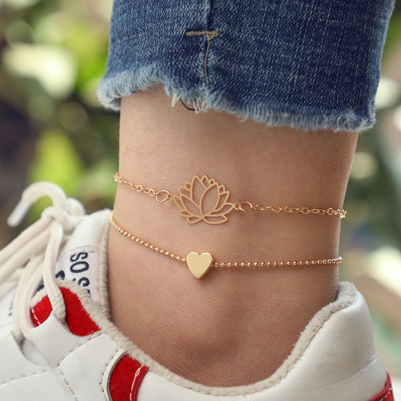 New Jewelry Fashion Geometric Peach Heart Hollow Lotus Flower Bracelet Anklet