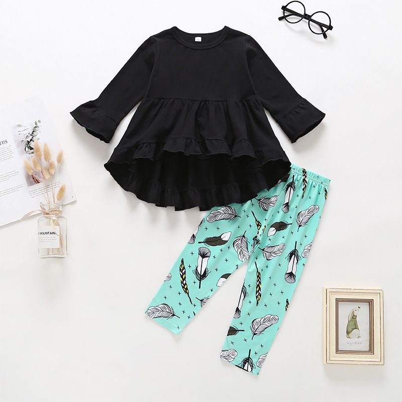 Girl Suit Long Sleeve Spring And Autumn Children's Two-piece Black Round Neck Trousers