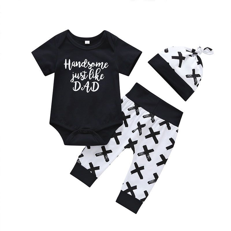 Children's Clothing Baby Long-sleeved Romper Black X Pattern Trousers Three-piece Suit