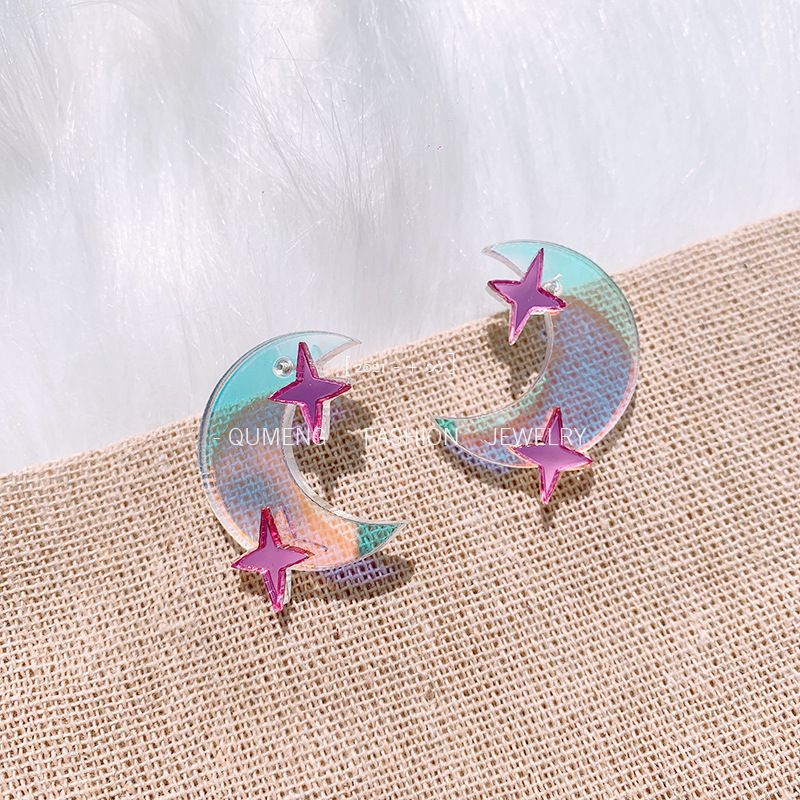Super Flash Laser Moon Star Earrings Acrylic Transparent Colorful Simple Earrings