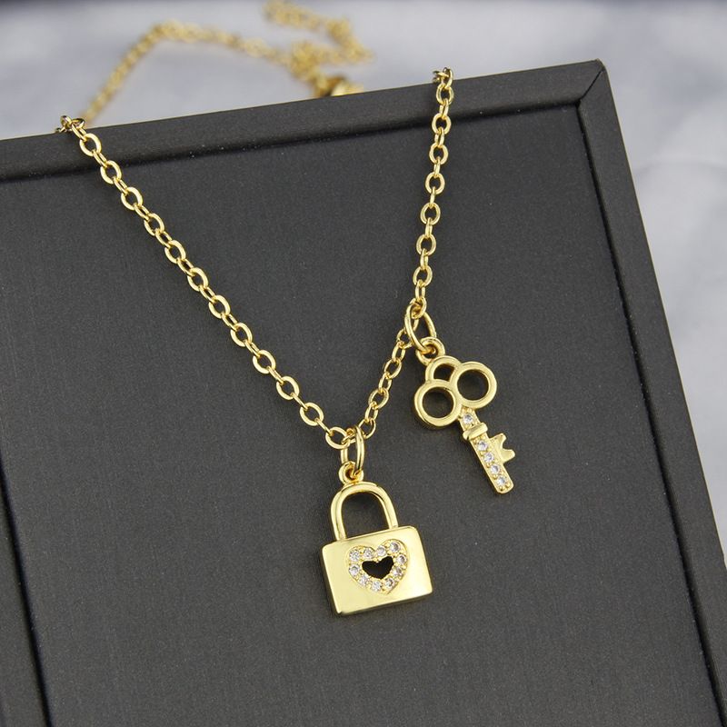 Retro Inlaid Zirconium Lock And Key Combination Copper Necklace