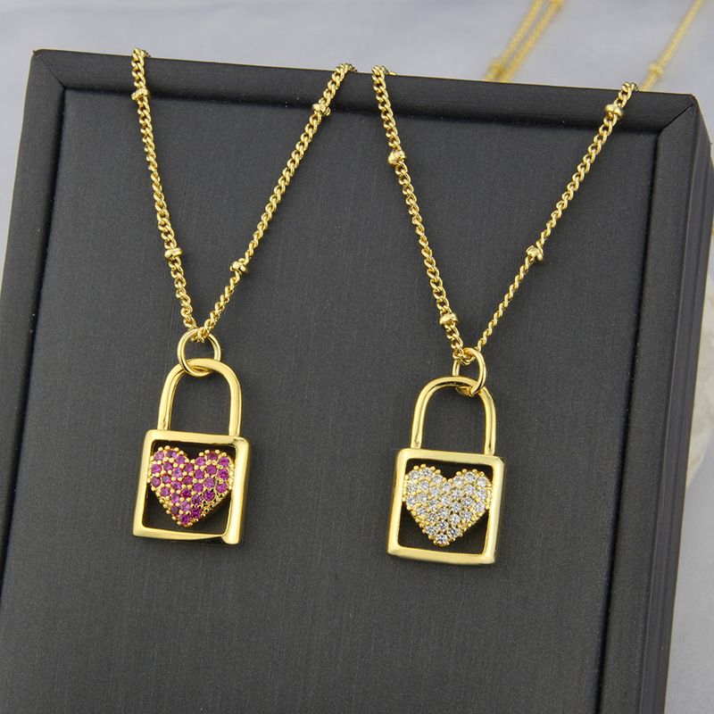 American New Inlaid Zirconium Heart-shaped Lock Copper Necklace