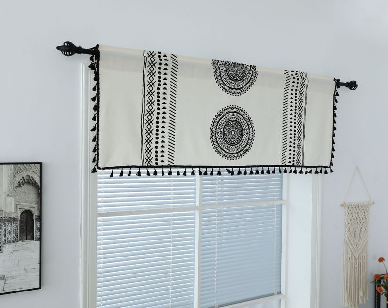 Bohemian Mandrel Printing Black Tassel Decoration Kitchen Curtain