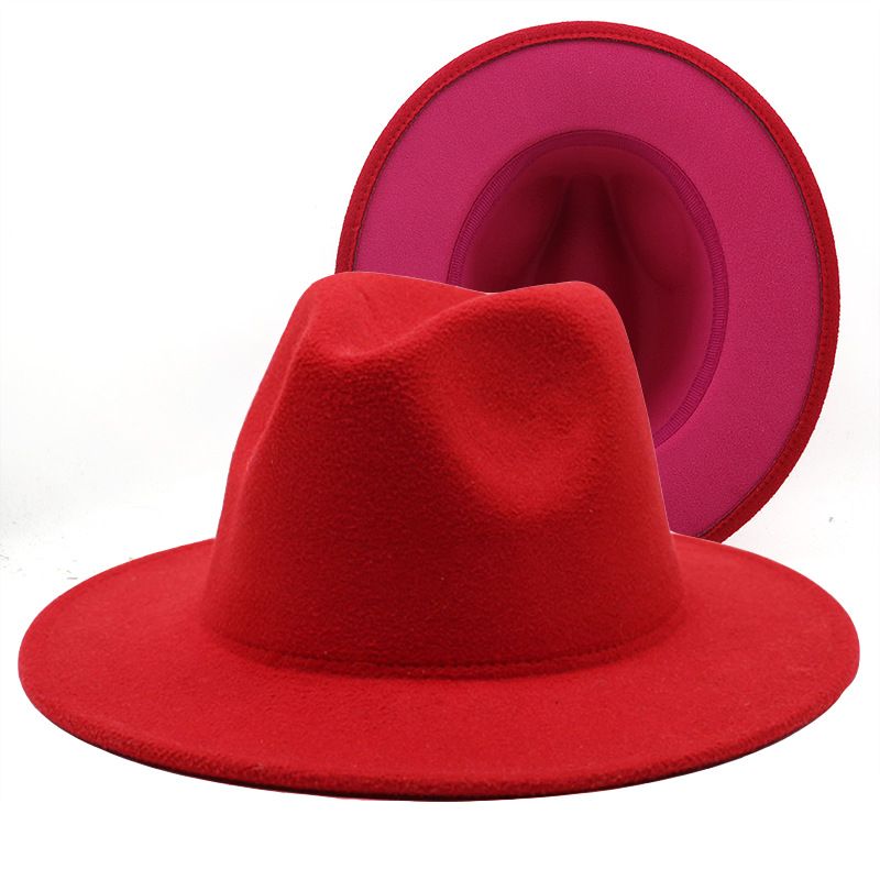 Exterior Rojo Interior Rosa Rojo Fieltro Sombrero Moda De Doble Cara Sombrero A Juego De Color Sombrero De Jazz De Ala Plana