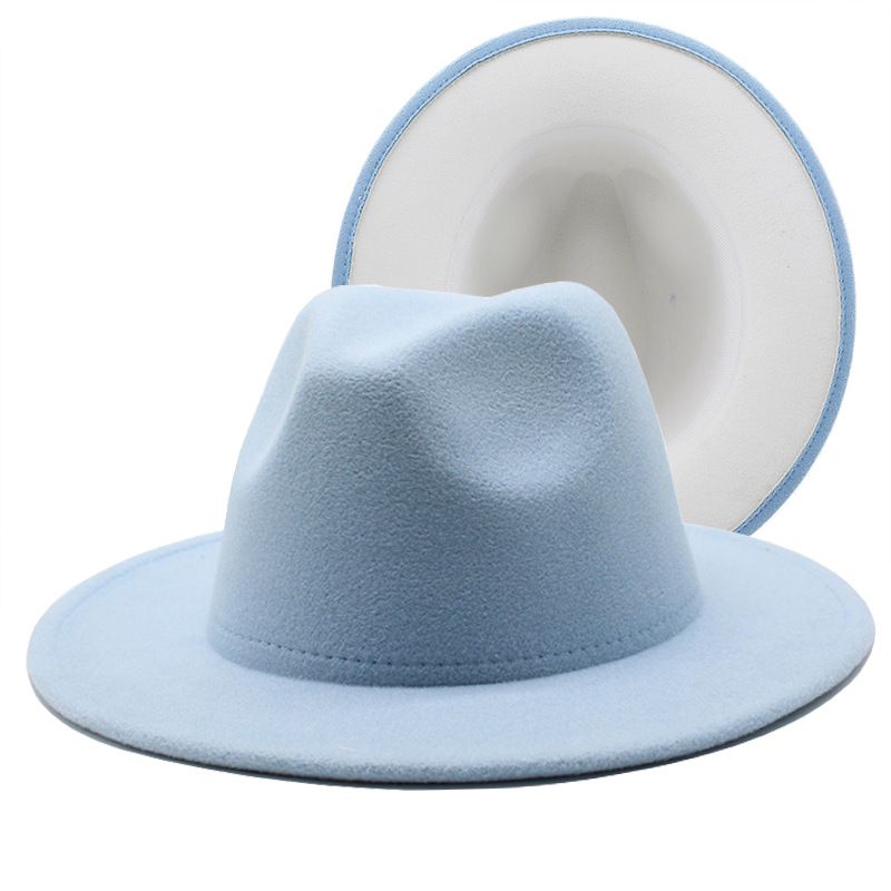 Outer Sky Blue Inner White Woolen Top Hat Fashion Double-sided Color Matching Hat Flat Brim Jazz Hat