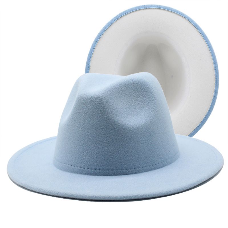 Sombrero De Copa De Lana Blanco Interior Azul Cielo Exterior Sombrero De Moda De Doble Cara Sombrero A Juego De Color Sombrero De Jazz De Ala Plana
