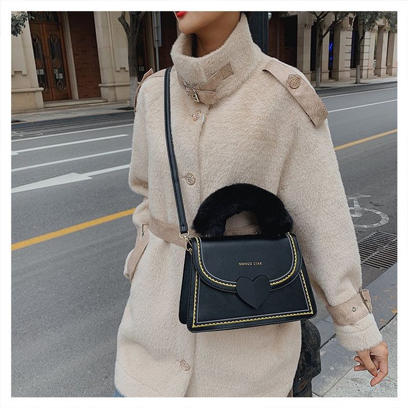 European And American Fashion Heart Lock Small Square Plush Handbag Messenger Bag
