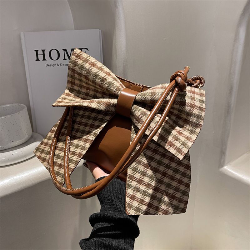 Cute Bow Temperament Soft Leather Bucket Bag Personality Checkerboard Single Shoulder Diagonal Bag