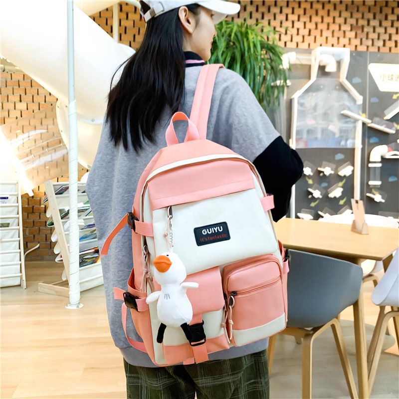 Koreanische Große Kontrastfarbene Handtasche Umhängetasche Federmäppchen Rucksack Vierteiliges Set