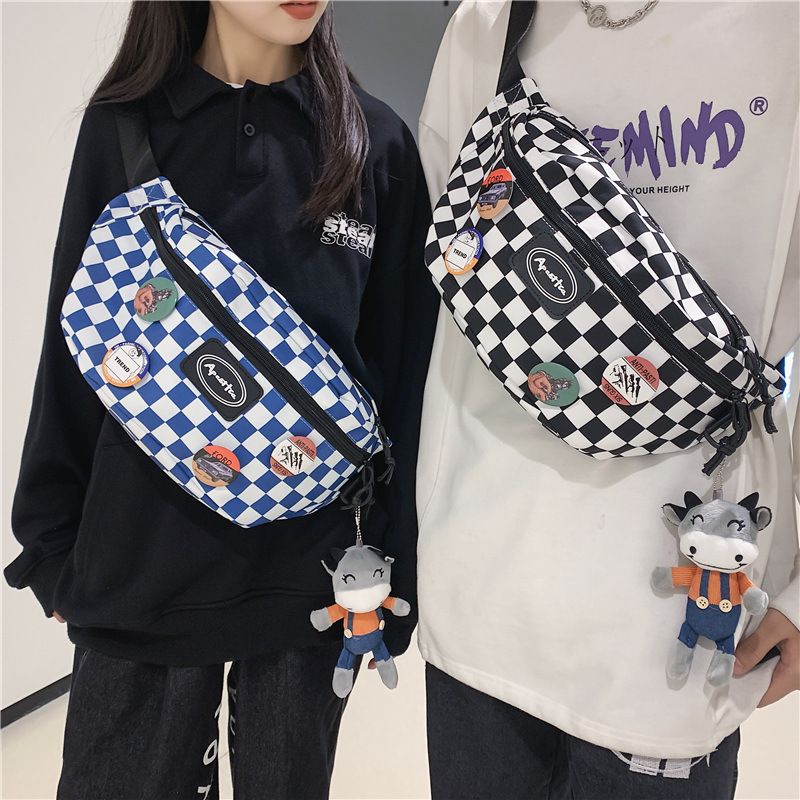 Black And White Plaid Waist Bag Messenger Bag