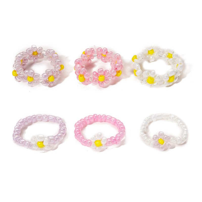 Creative Pink Rice Bead Flower Ring Ring Set 6 Piece Set