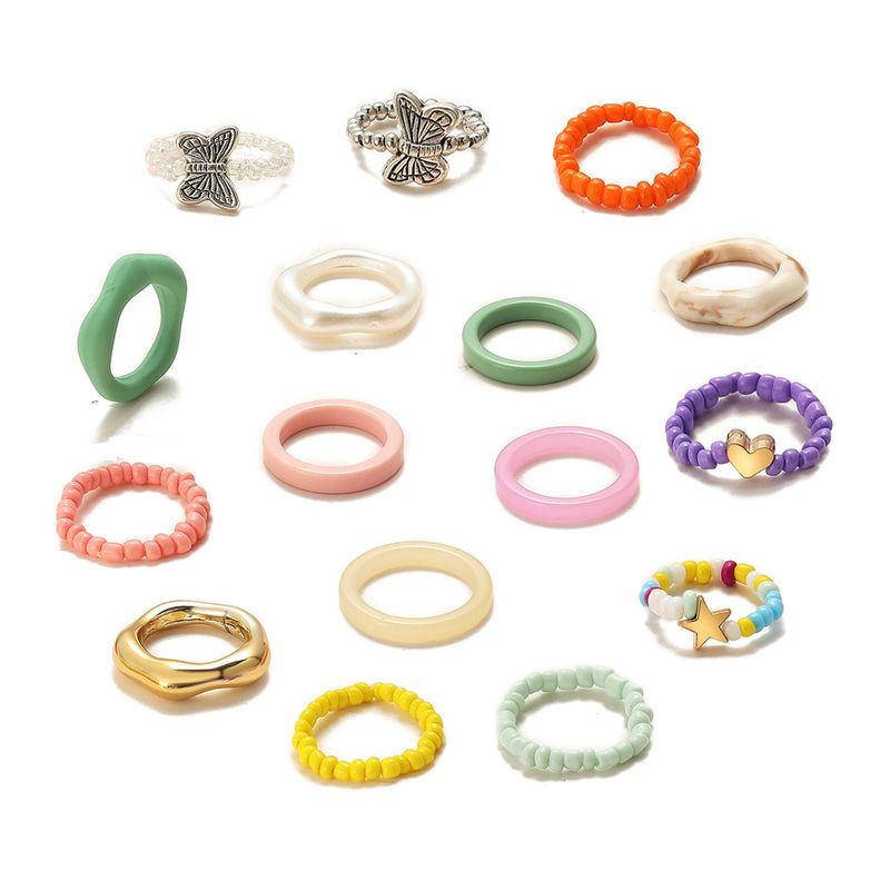 Creative Candy Color Rice Bead Heart Butterfly Ring Irregular Resin Ring 16-piece Set