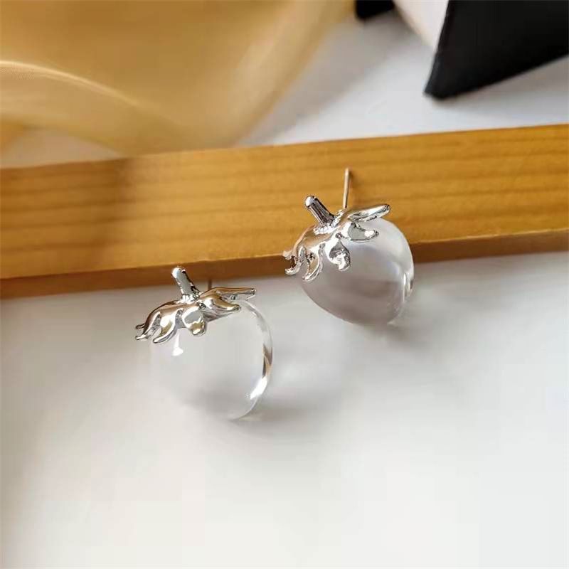 Korea Cute Transparent Glass Earrings Fashion Fruit Strawberry Small Earrings