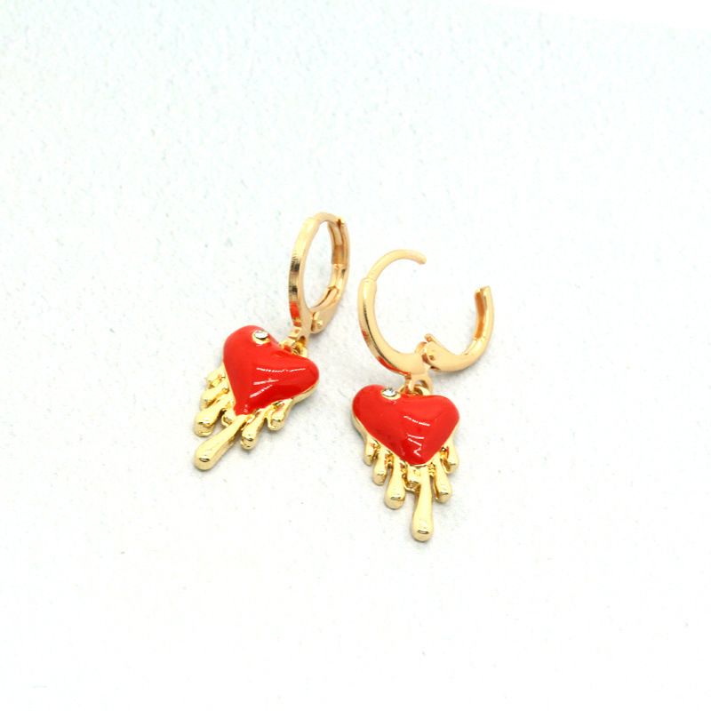 Tendencia Punk Circonita Gota En Forma De Corazón Gota De Metal Aceite Rojo Amor Anillo De Oreja