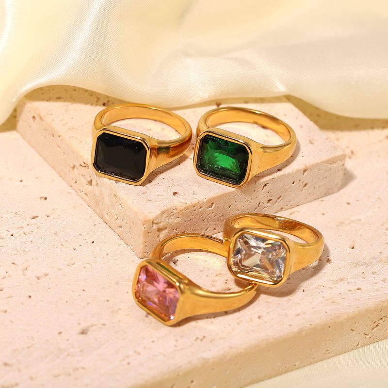 Retro 18k Gold Plated Square Zircon Stainless Steel Square Pink Green Zircon Glossy Ring