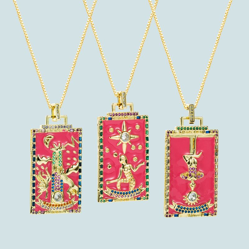 Fashion Copper Micro-inlaid Zircon Drop Oil Pink Tarot Pattern Square Necklace