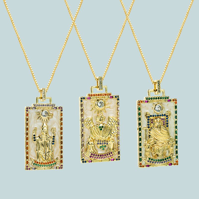 Collier Pendentif Carré Avec Motif De Carte De Tarot D&#39;huile Goutte À Goutte De Couleur Cuivre Zircon