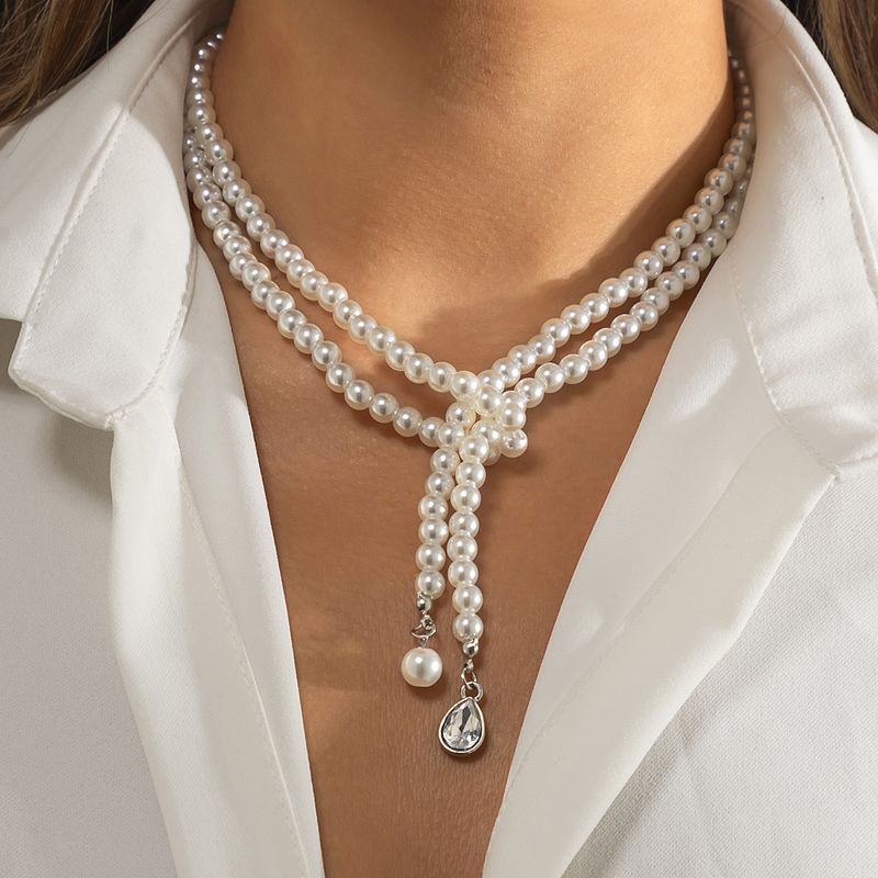 Jewelry Retro Imitation Pearl Drop Rhinestone Pendant Clavicle Beaded Woven Double Layer Necklace