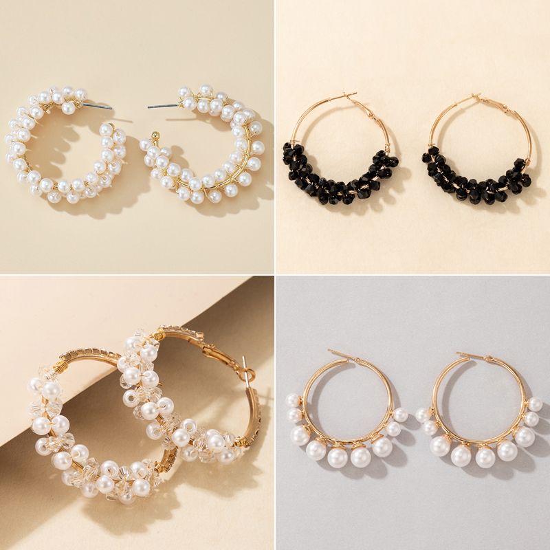 Fashion Pearl Beaded Round Ring Earring Beads Alloy Geometric Earrings