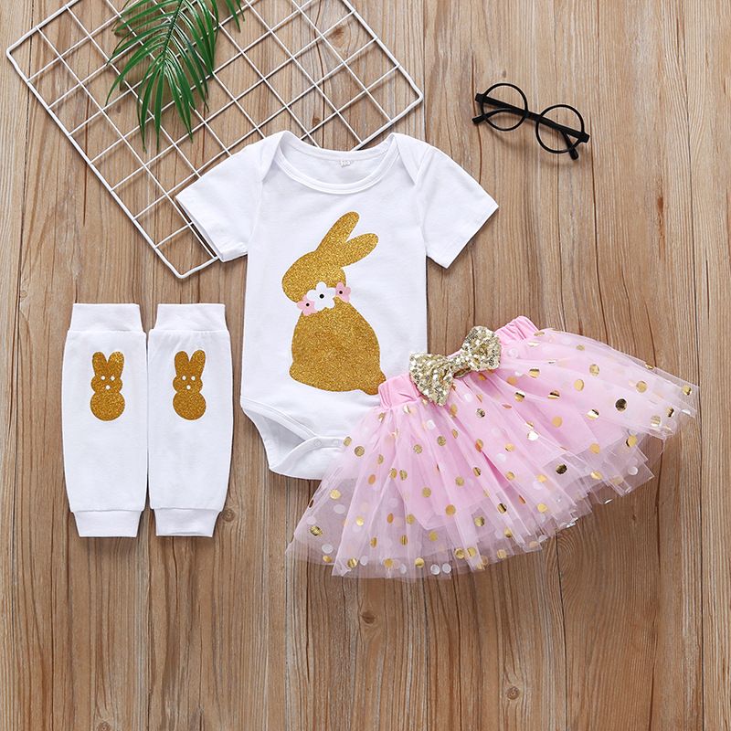 Baby Triangle Romper Net Yarn Skirt Suit Summer Short-sleeved Cute Rabbit Print