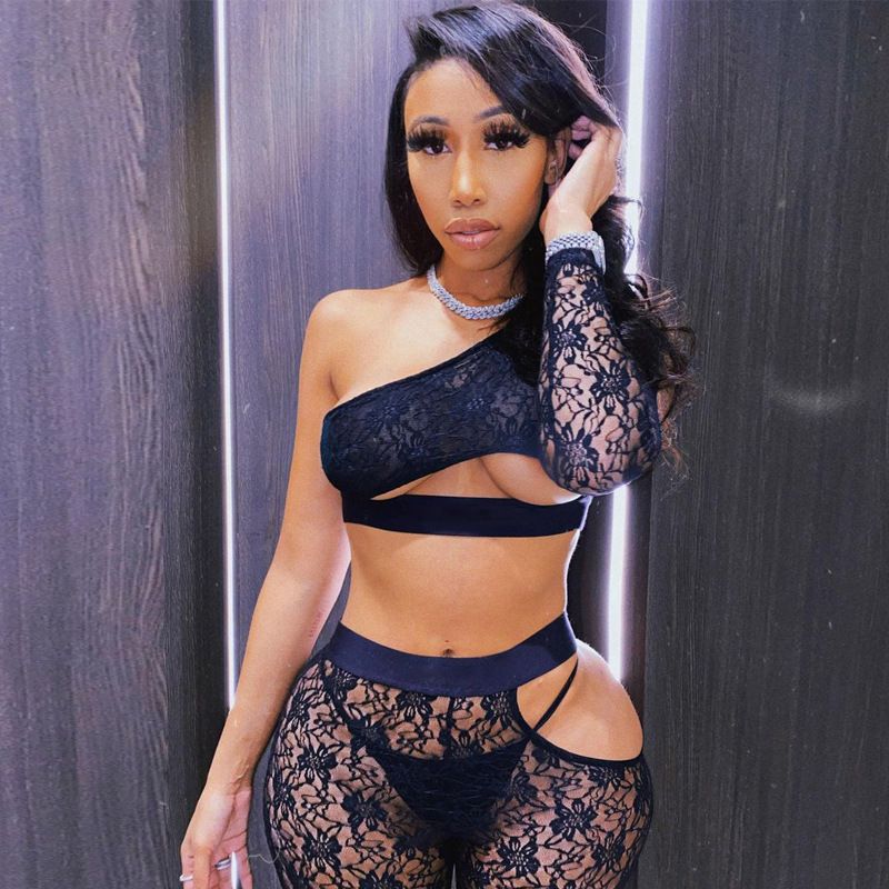 New Sexy Lace Two-piece Suit See-through Hollow Fashion Casual Suit Women