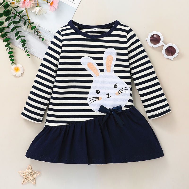2021 فتاة الخريف مخطط فستان أطفال ملابس أرنب غير رسمية نمط تنورة قصيرة فتاة لطيفة على شكل حرف A