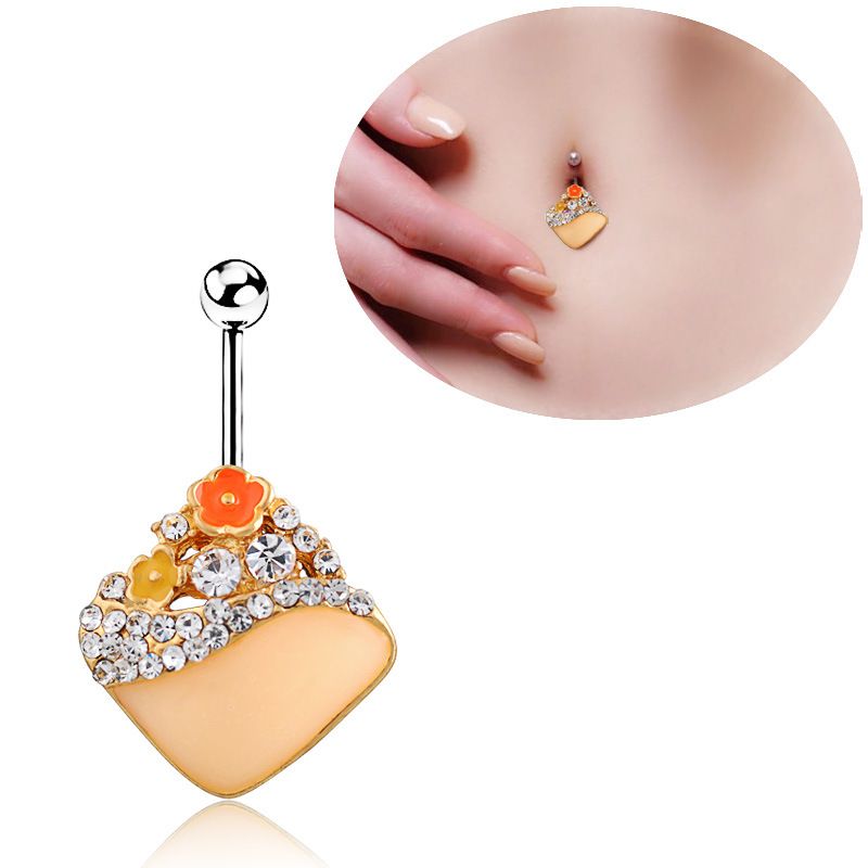 Piercing Jewelry Korean Flower Dripping Oil Diamond Square Belly Button Ring