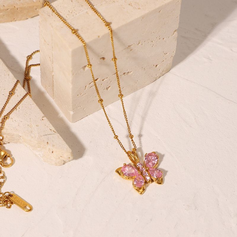 New 18k Gold-plated Stainless Steel Pink Zircon Butterfly Shape Pendant Necklace