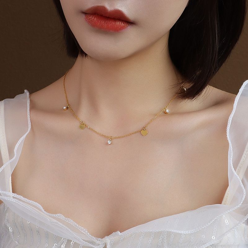 Simple Clavicle Peach Heart Pendant Diamond Titanium Steel Necklace