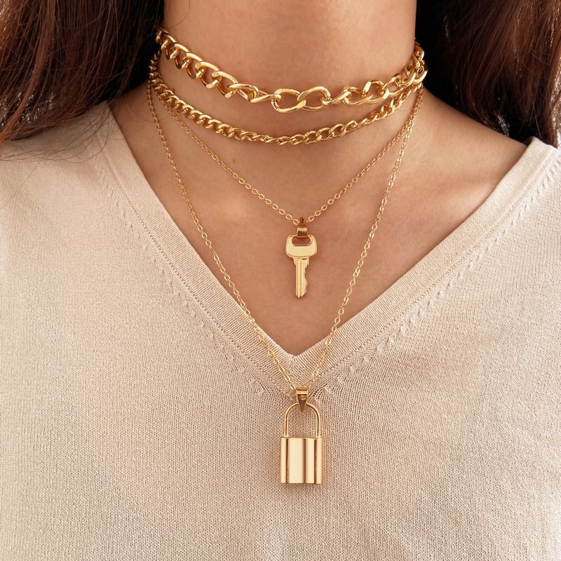 Personality Trend Thick Chain Creative Key Lock Pendant Four-layer Necklace
