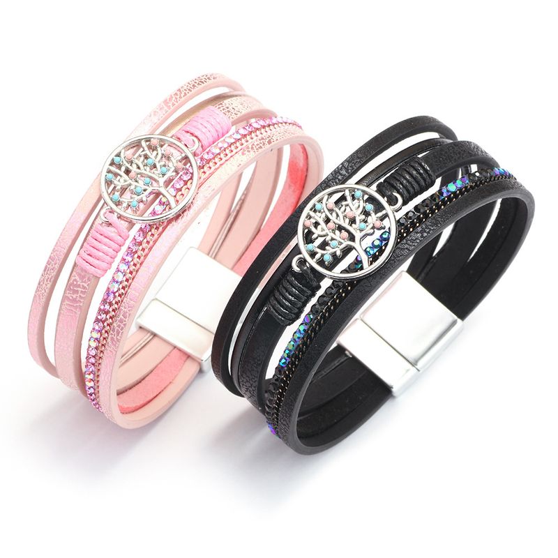 Colorful Tree Of Life Magnetic Buckle Pu Woven Alloy Bracelet