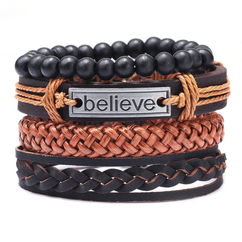 Conjunto De Pulsera Retro De Piel De Vaca Tejida De Cuatro Piezas Para Hombre