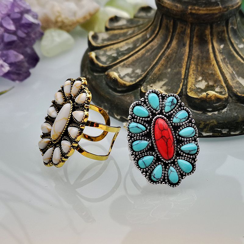 Wholesale Jewelry Exaggerated Ethnic Style Flower Alloy Turquoise Open Rings