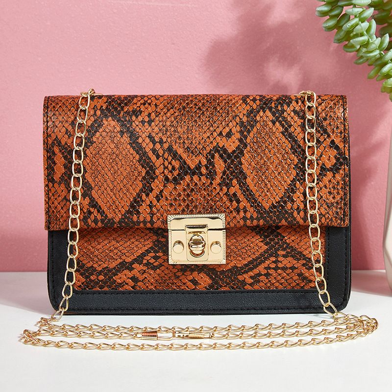 Fashion Korean Wave Women's Bag Trend Snake Pattern Small Square Bag Stitching Metal Shoulder Bag