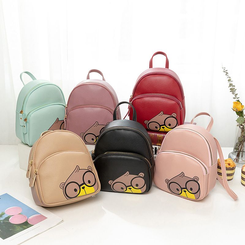 Korean Popular Schoolbags Pure Color Cartoon Cute Spectacle Mouse Urban Simple Backpack