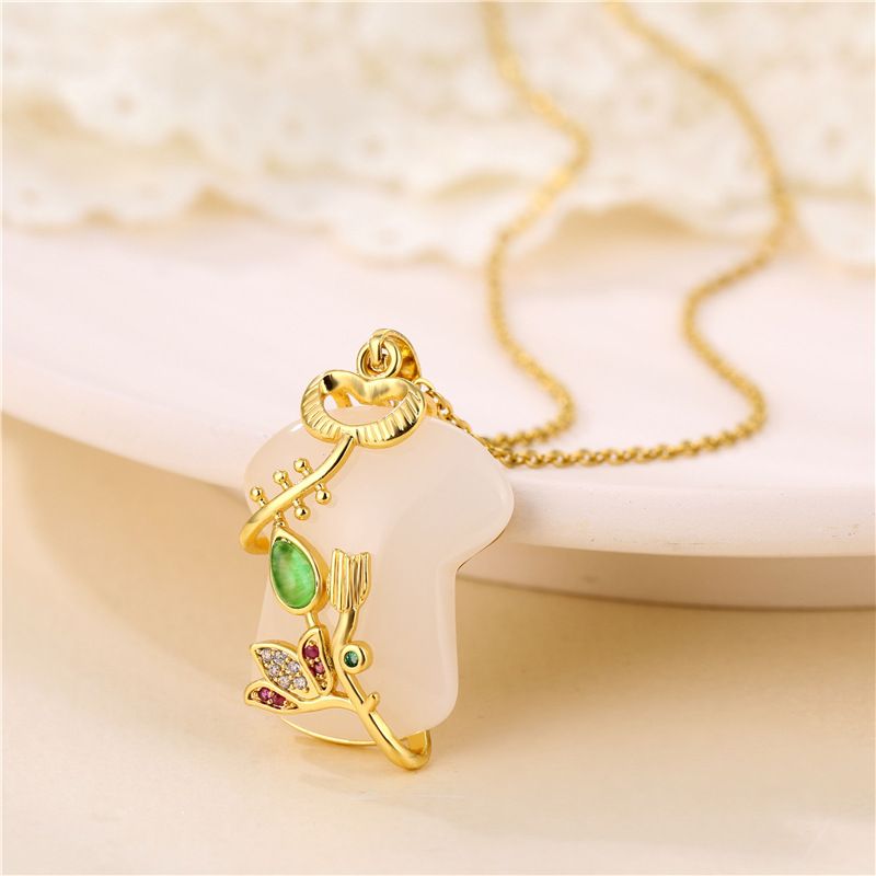 Imitation Hetian Jade Pendant Ancient Gold Inlaid White Jade Cheongsam Opal Necklace