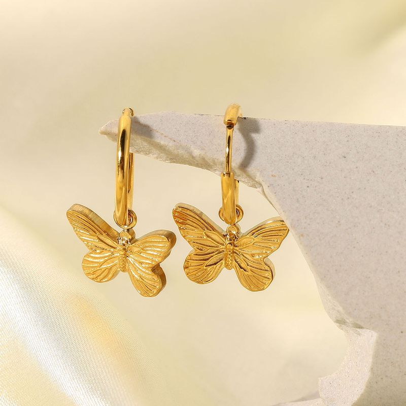 European And American 18k Gold-plated Hanging Butterfly Metal Stainless Steel Earrings