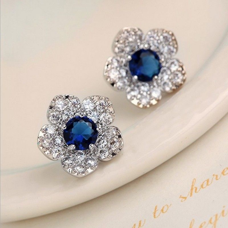 Korean White Flower Blue Crystal Full Diamond Small Trendy Earrings