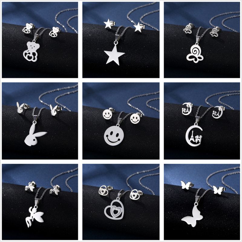 Stainless Steel Necklace Earrings Set Wholesale Fashion Heart Bear Two-piece Set