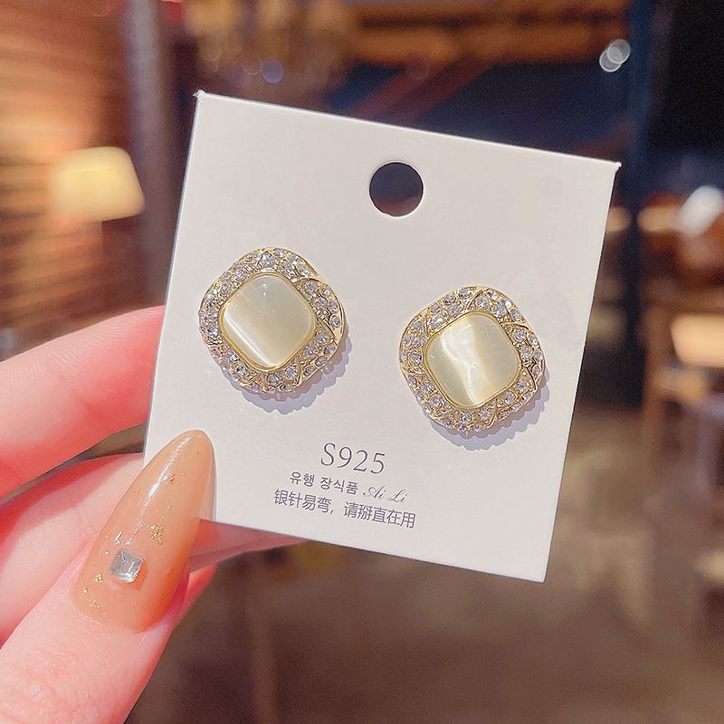 Korean Opal Geometric Micro-inlaid Diamond Super Flash Copper Earrings