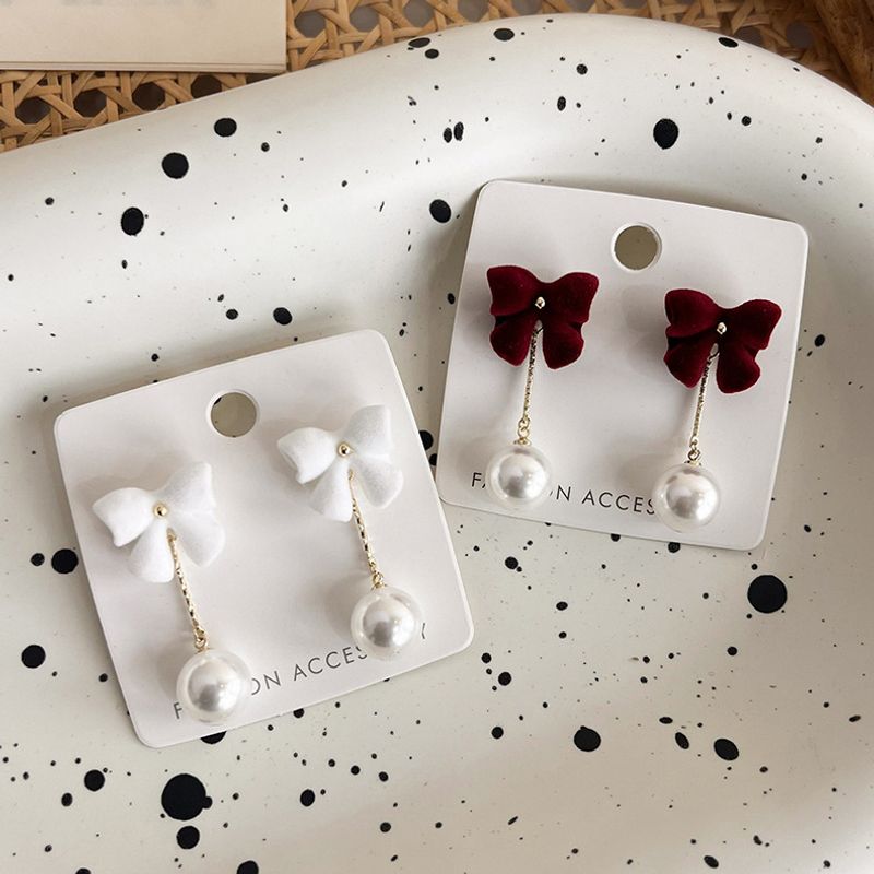 Autumn And Winter Red Velvet Bowknot Pearl Earrings