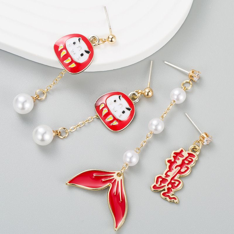 Creative New Year Red Koi Alloy Oil Drop Pearl Asymmetric Earrings