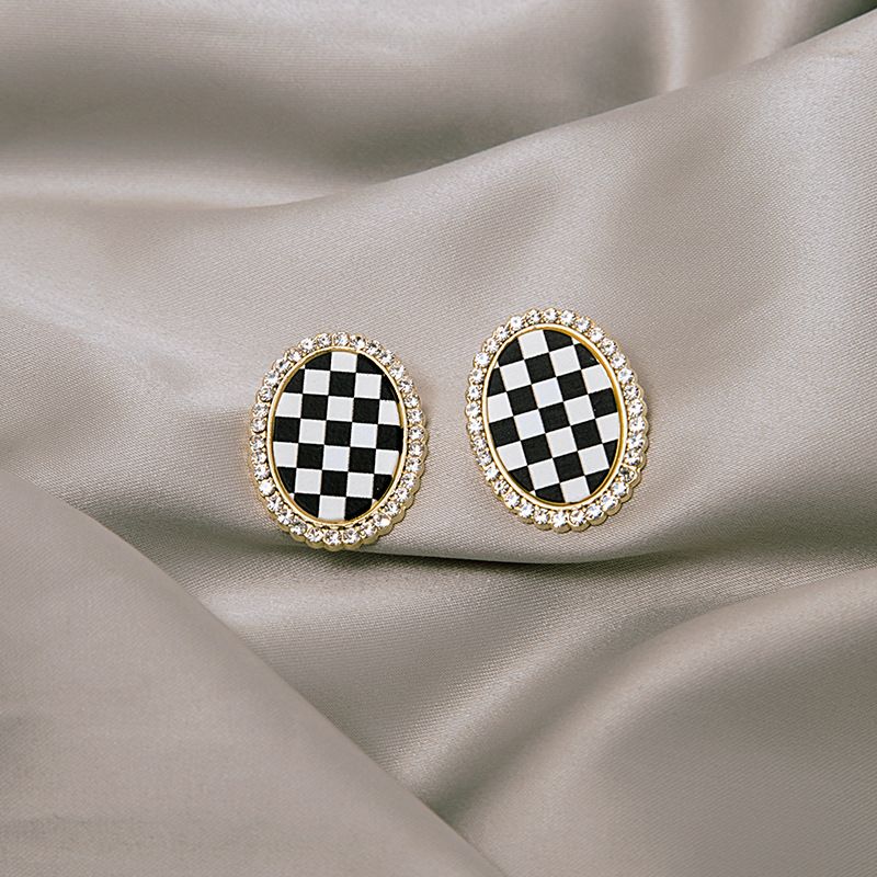 Fashion Fabric Checkerboard Stripes Black And White Geometric Retro Stud Earrings