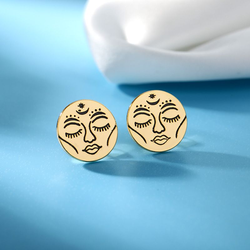 New Sun Face Earrings Oval Corrosion Smearing 18k Gold-plated Copper Earrings Female