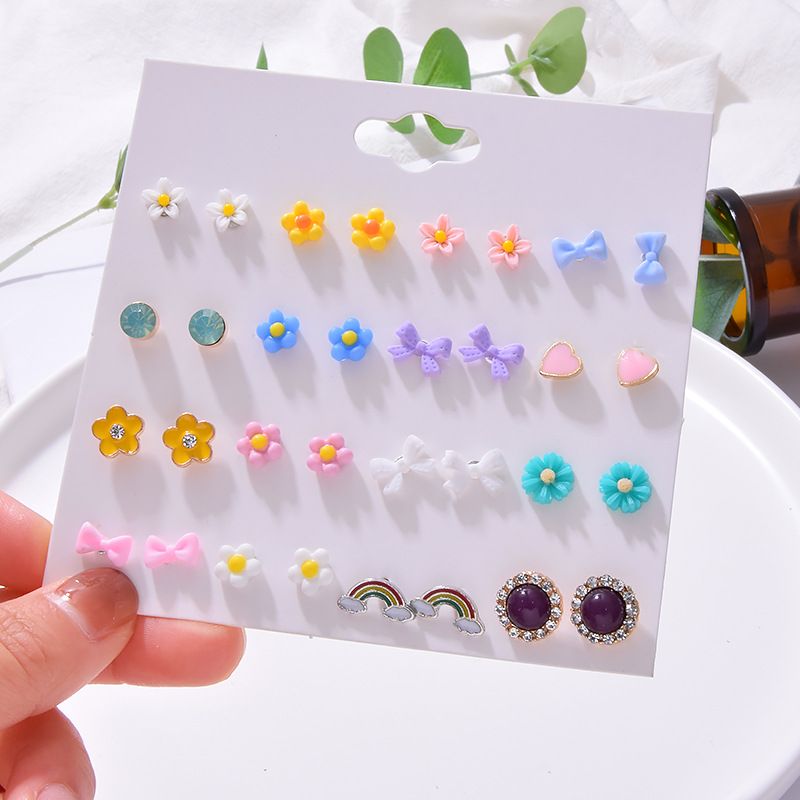 Tide Rainbow Small Daisy Simple Color Flower Bow 20 Pairs Of Earrings Set